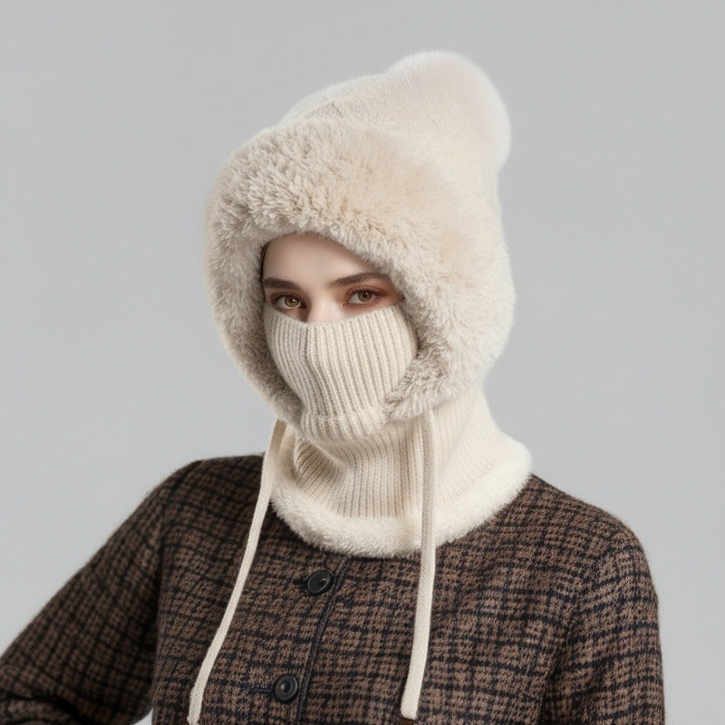 Scarf Integrated Knit Women's Fleece-lined Warm Hat