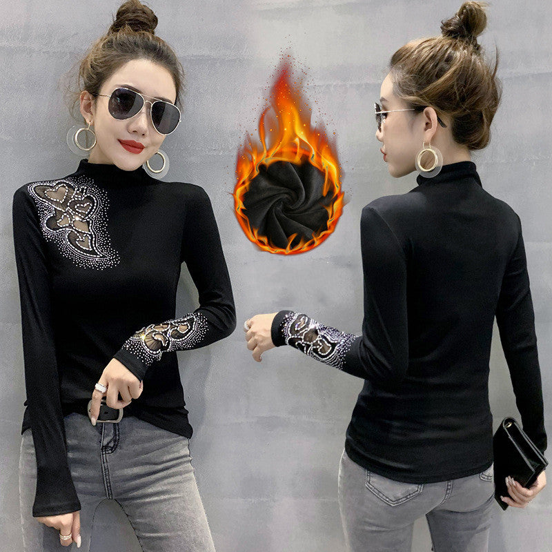 Women's Fleece Turtleneck Lace Hollowed Out Slim Fit Bottoming Shirt