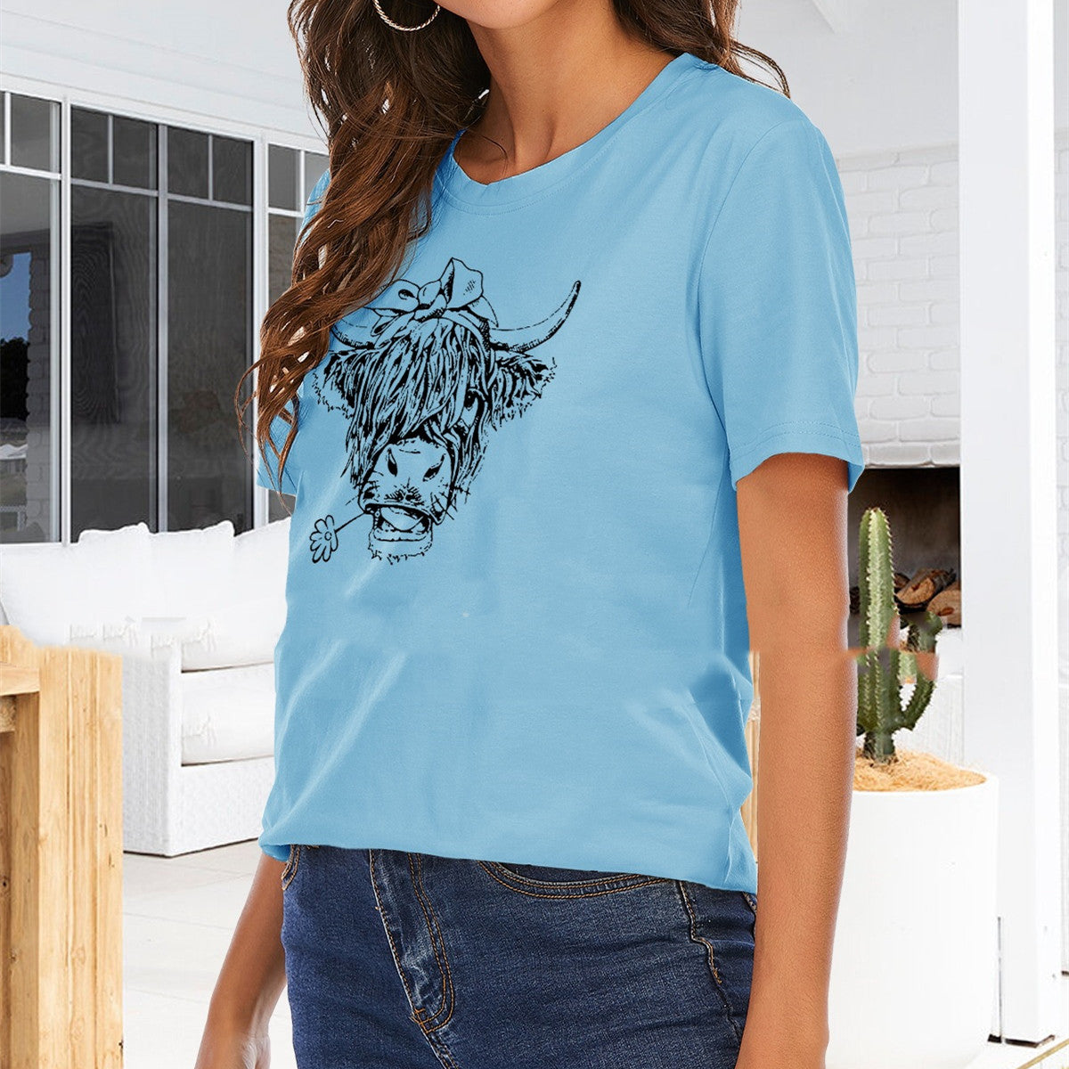 Women's Cow Head Printed Round Neck Solid Color Short Sleeve
