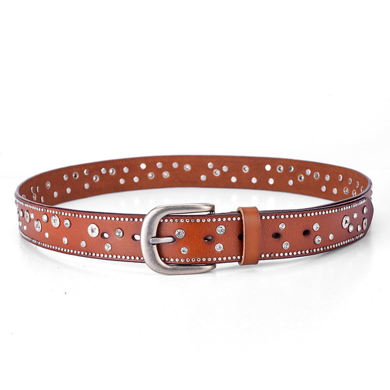 Fashion Trend Ladies Leather Rivet Rhinestone Inlaid Pin Buckle Belt