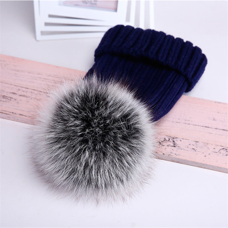 Oversized Warm Real Raccoon Fox Fur Ball Wool Hat