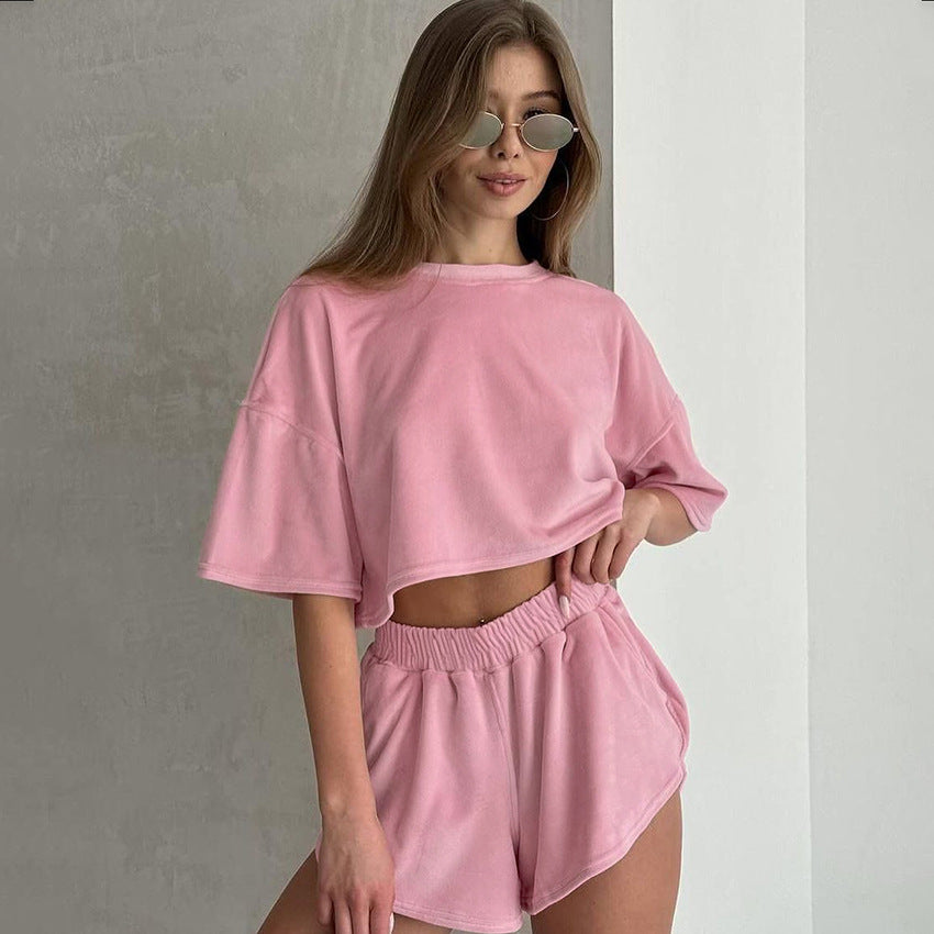 Summer Solid-color Cropped Top And Shorts Loungewear
