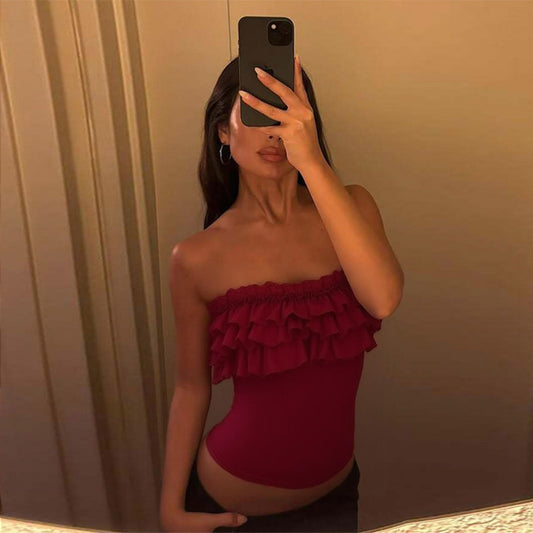 Sexy Figure-hugging Off-shoulder Solid-color Ruffled Wrap Top For Women