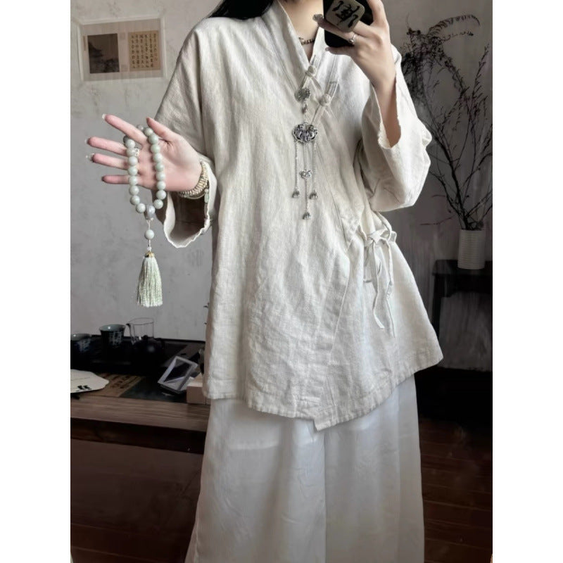 New Chinese-style Zen Tea Clothing With Tie-up Top In Cotton And Linen