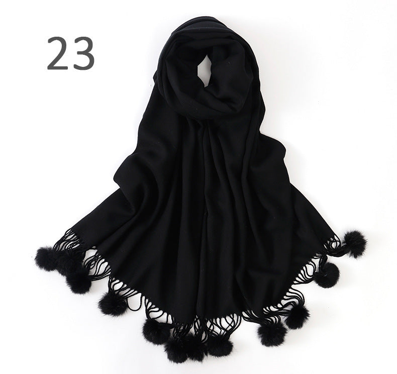 Pure color rabbit fur ball cashmere scarf