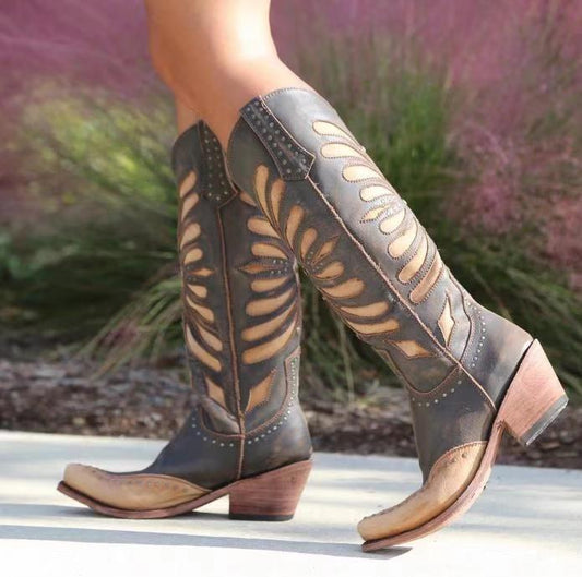 New winter women's boots mid-heel thick heel boots cross-border large size rivet high-top women's boots on Amazon