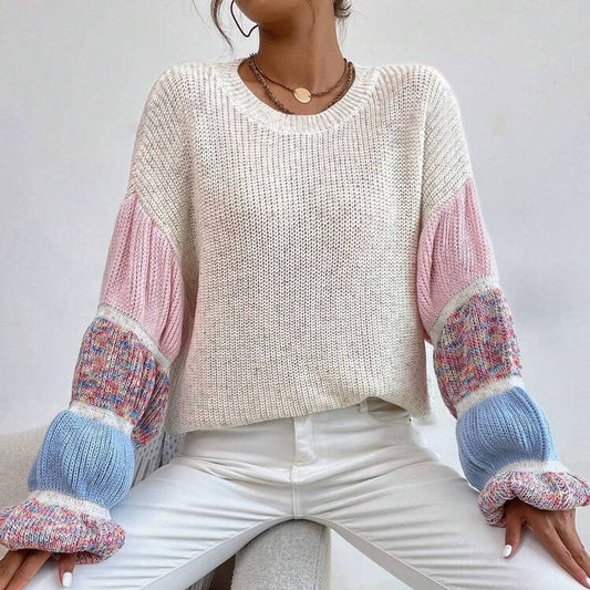 Sweater Women's Round Neck Pullover Contrast Color Puff Sleeve
