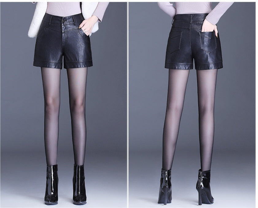 Black Wide-leg Slim High-waist Leather Shorts