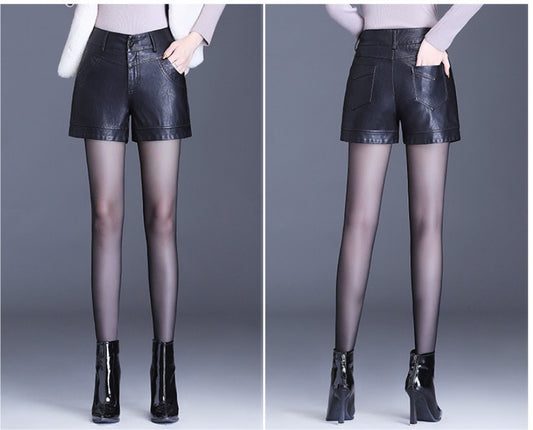 Black Wide-leg Slim High-waist Leather Shorts