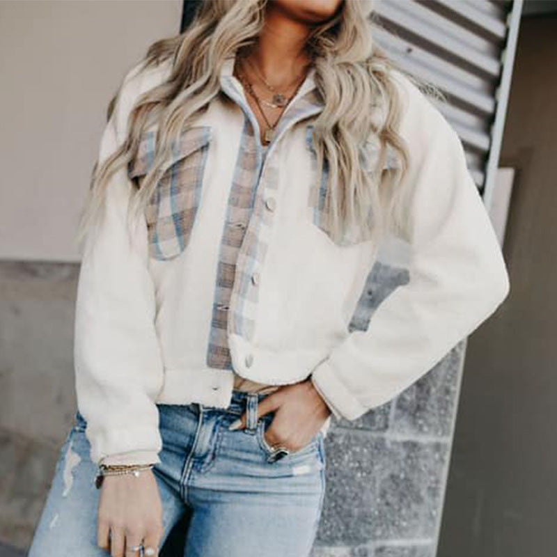 Women's Plaid Stitching Woolen Coat With Pockets