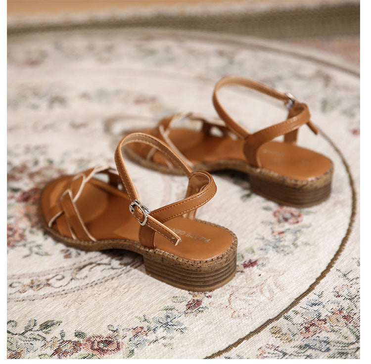 Soft Leather Retro Roman Flat Open Toe Low Heel Woven Buckle Beach Sandals