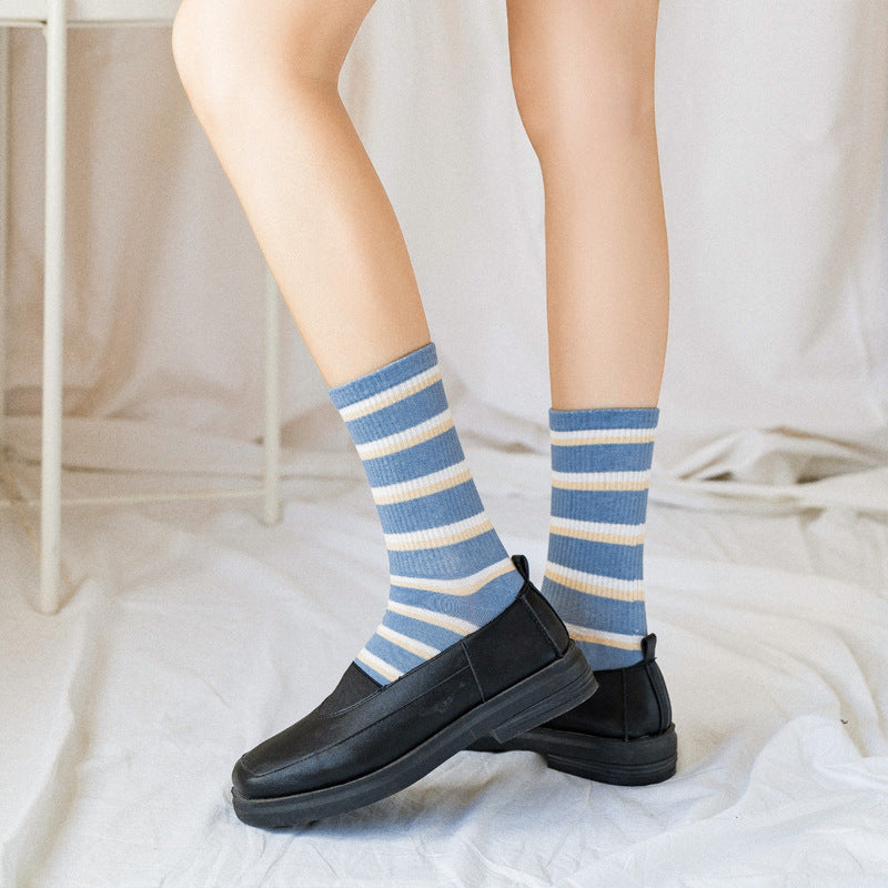 Blue British Check Stripe Women's Cotton Socks