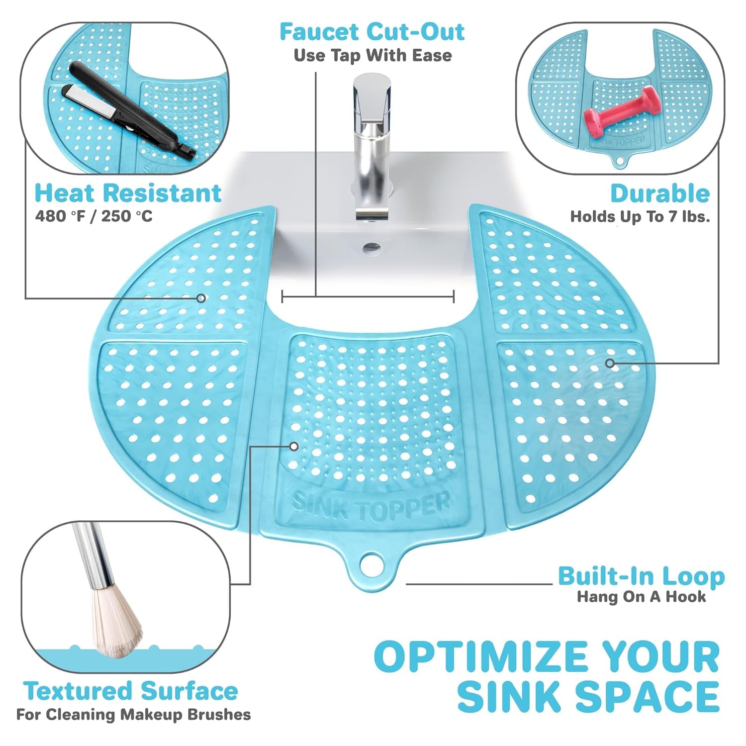Bathroom Counter Cover & Storage Saver, Foldable Mat for Hot Tools, Hair Styling & Makeup, Beauty Brush Cleaning Mat, RV Camper Sink Cover & for Small Spaces (Standard Pacific Blue)