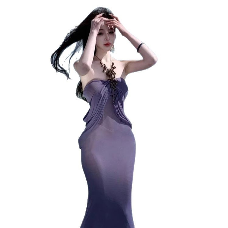 Luxury Purple Chiffon Backless Intricately Designed Irregular Dress