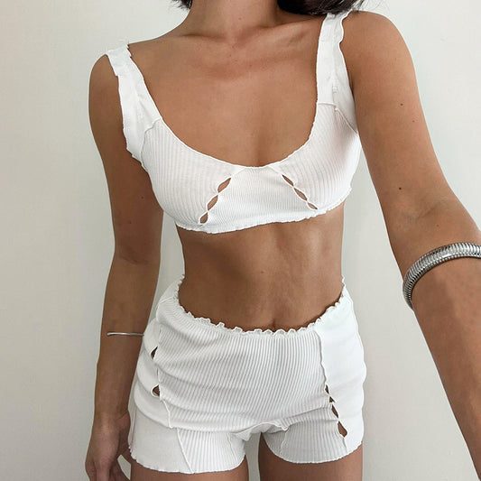 Womens Hollow-Out Knitted Pajama Set White Tank Top And Shorts Two-Piece Set