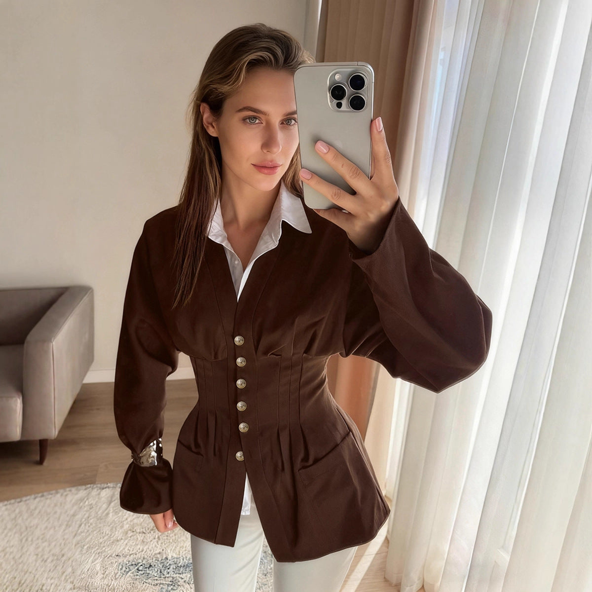 Simple French Waist V-neck Shirt Slim Fit Brown Long Sleeve