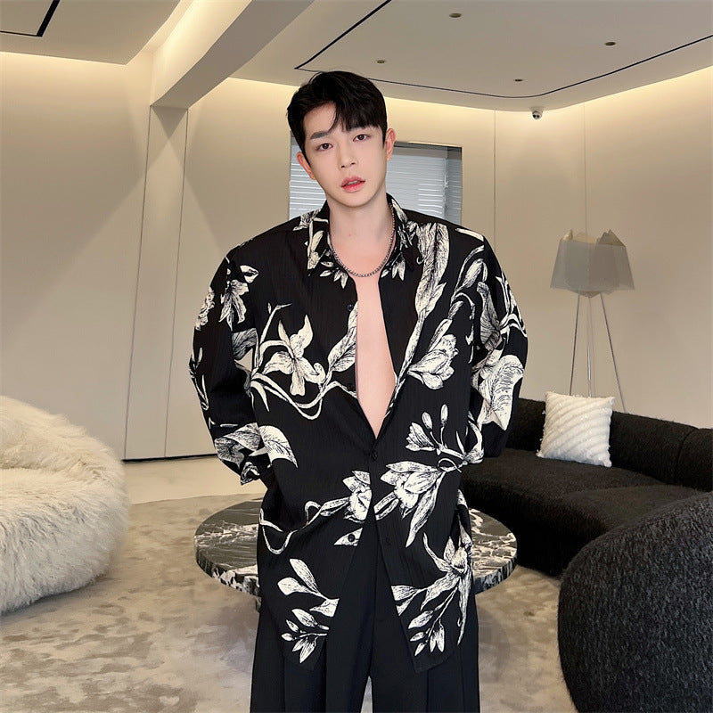 Black Shirt Men's Long Sleeved Loose And Lazy Floral Fragments