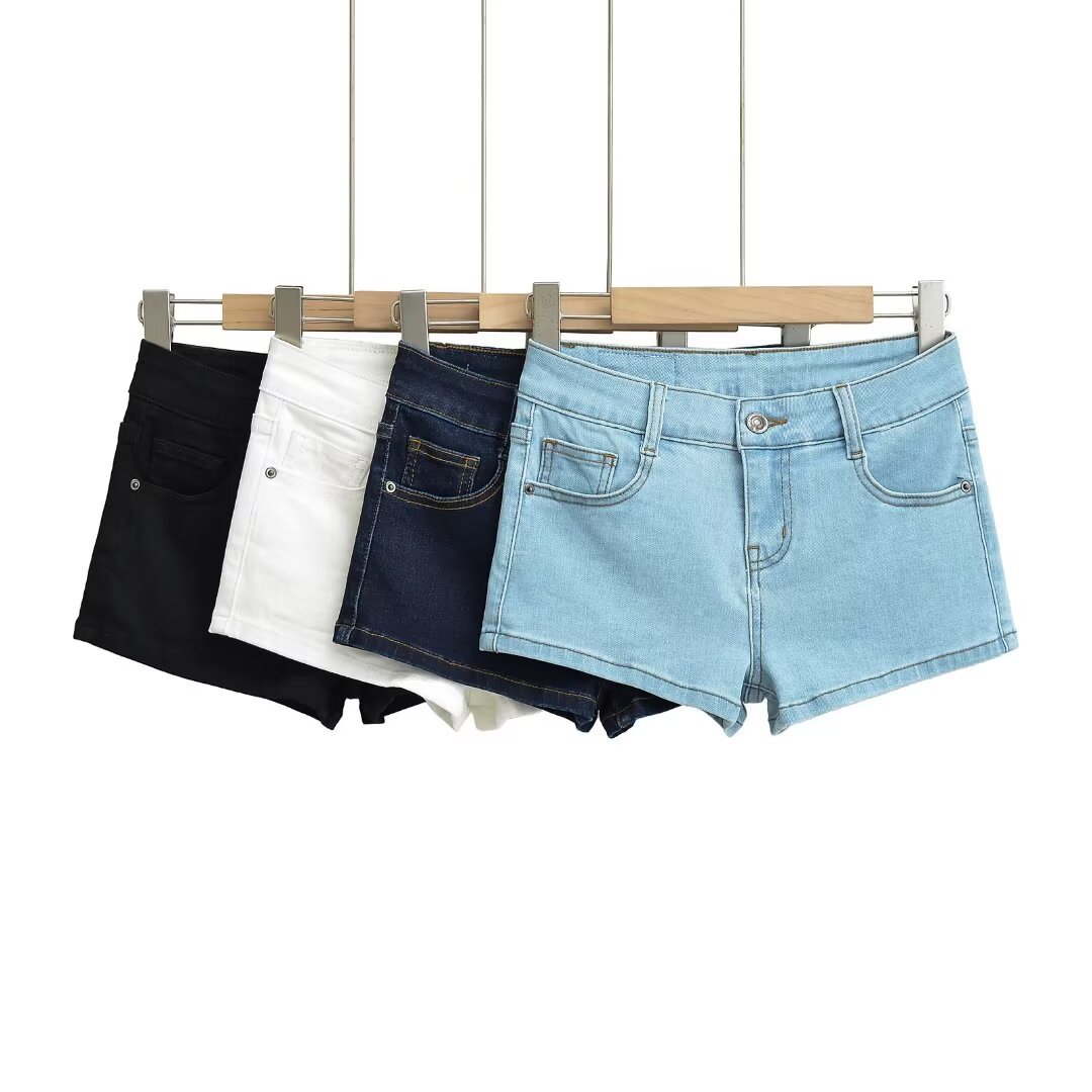 Lavtaljede denimshorts, skinny, stretchy, slankende