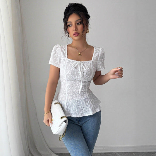 Casual Lace Blouse With A Square Neckline And Bow-tied Short Sleeves