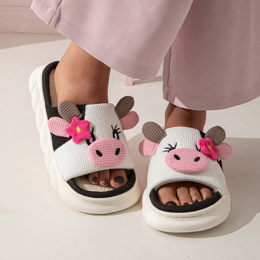 Cute Cow Linen Shit Feeling Interior Non-slip Deodorant Outer Wear Platform Slippers