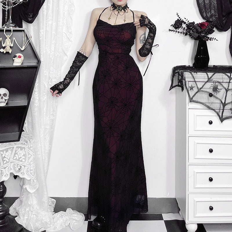Dark Sensual Spiderweb Backless Dress With A Halter Neckline