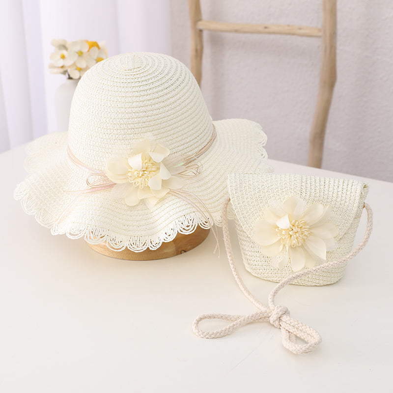 Children's Summer Sunshade Flower Princess Straw Hat Backpack Set