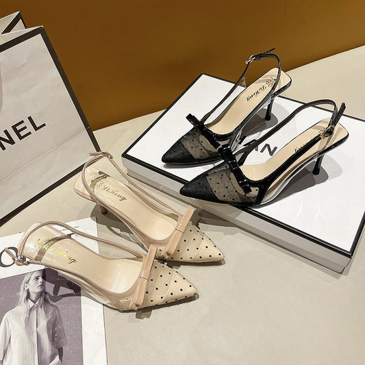 New Arrival Closed-Toe Heels For Women, Summer Open-Wear Pointed-Toe Stiletto Sandals With Bowknot & Tulle, Sexy Single Pumps