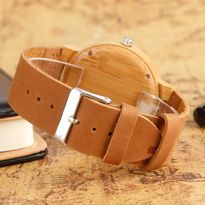 Bamboo wood craft quartz movement cat shape