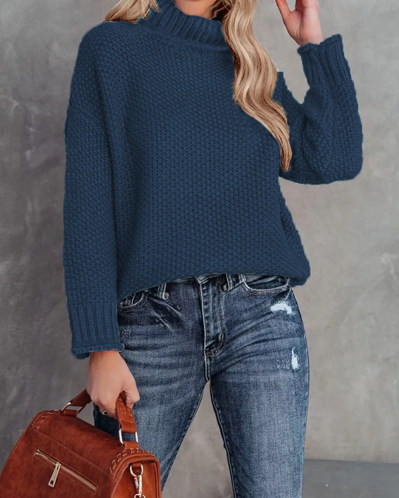 Women's High-neck Long-sleeve Rolled-edge Knit Sweater