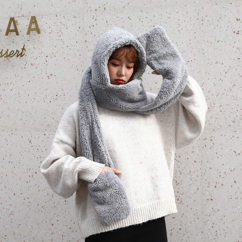 Double layer thick Plush wool scarf, hat and glove