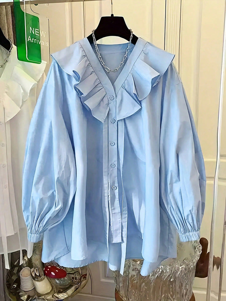 Womens Casual Resort Ruffle-Trim Collar Button-Up Shirt Top