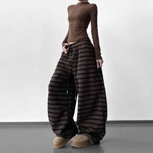 Laid-back Striped Womens Drawstring Loose Casual Pants