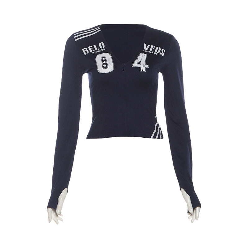 Womens Retro Streetwear Sporty V-Neck T-Shirt With Letter And Number Print
