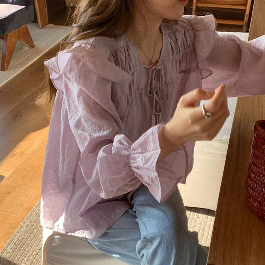 Design Sense Bell Sleeve Ruffled Tied Taro Purple Shirt