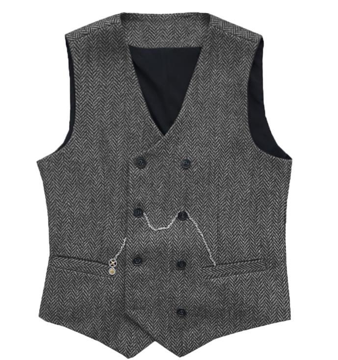 Men's Suit Vest Herringbone Pattern Faux Wool Vest Double Breasted V-neck