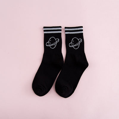 Women's solid color two-bar planet cotton sports socks