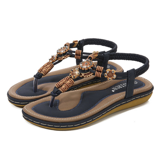 Women's Sandals Wooden Bead Woven Large Size Flat Bottom Casual
