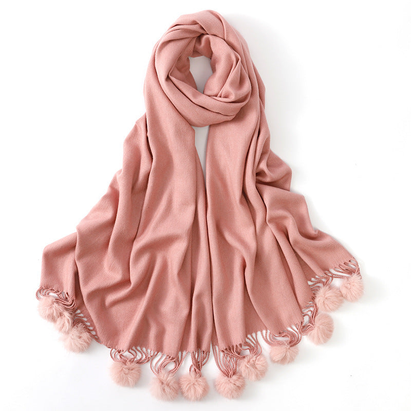 Pure color rabbit fur ball cashmere scarf