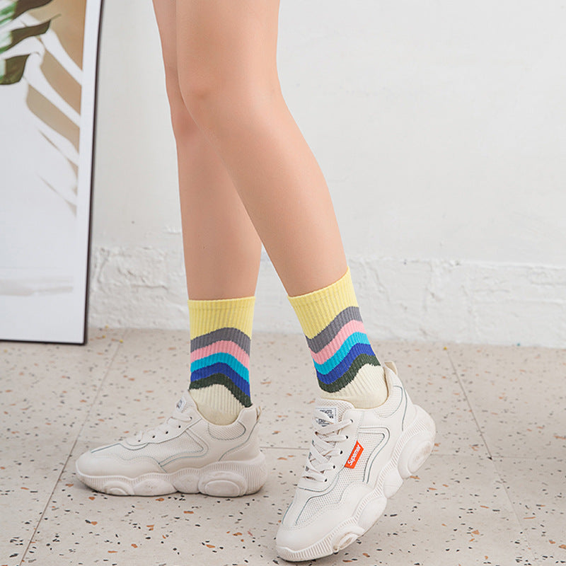 Men And Women Couple Rainbow Color Matching Cotton Trendy Tube Socks