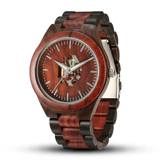 Men's skeleton wooden watch
