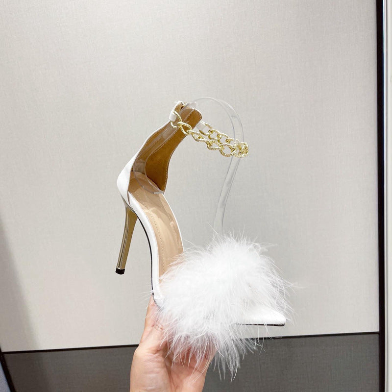New Style Pointed Toe Chain Hair Stiletto Heel Sandals Women
