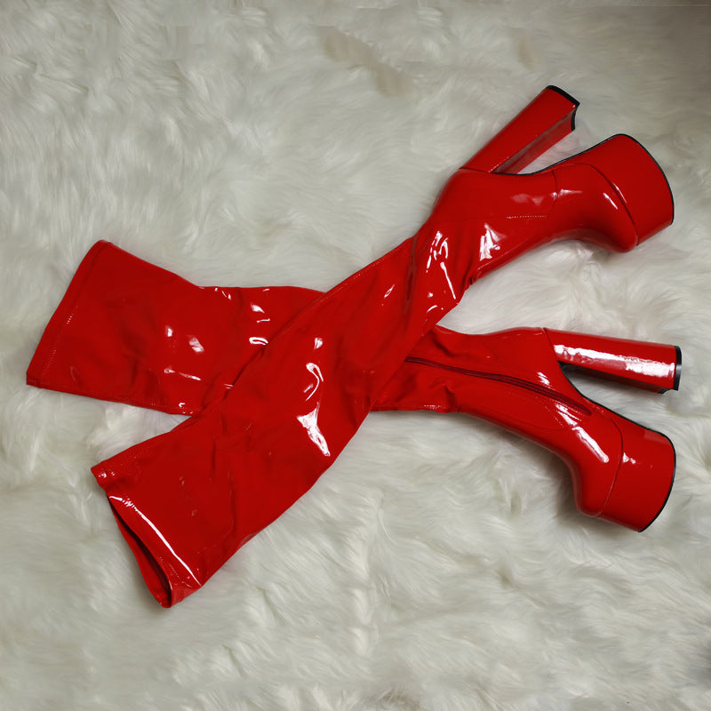 Womens Patent Leather Over-the-knee Booties With A Round Heel That Slim The Legs