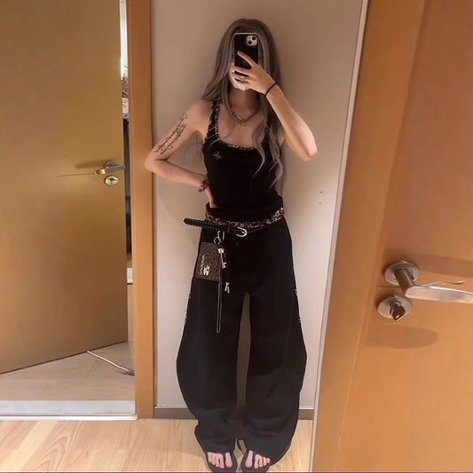 American-style High-street Tomboy Letter And Floral Embroidery Bootcut Jeans