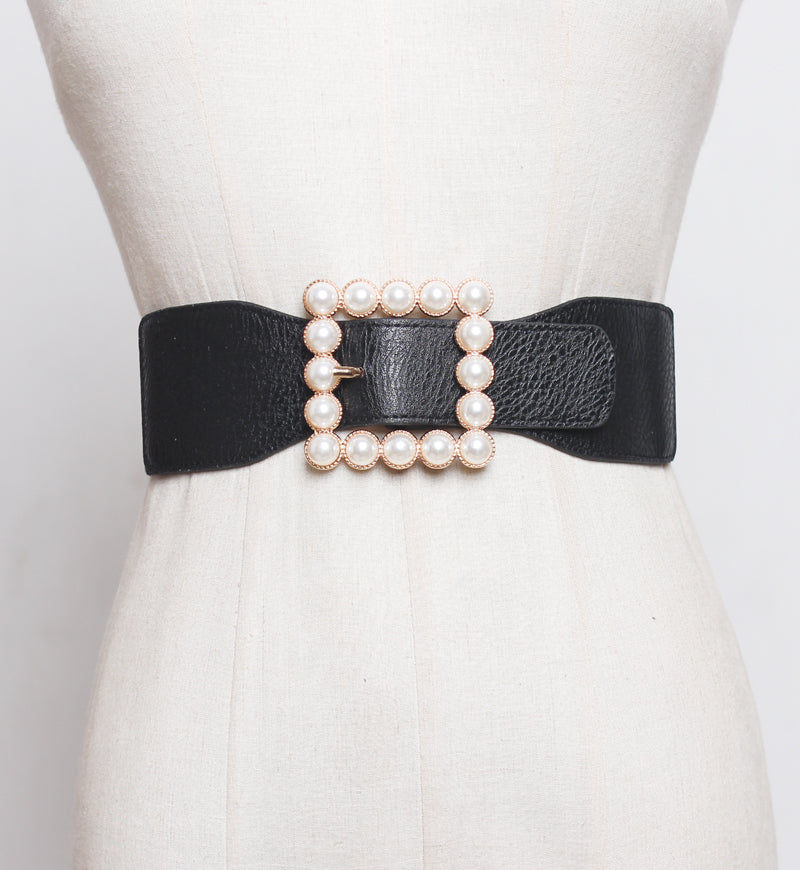 Pearl buckle black wide waist women