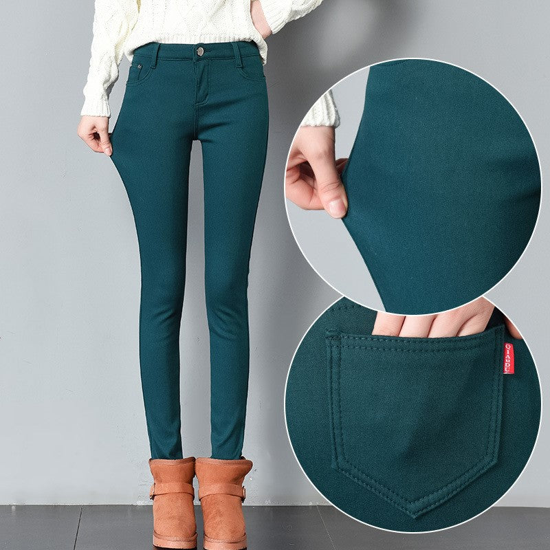 Thick pencil outer wear denim and long plus velvet boots