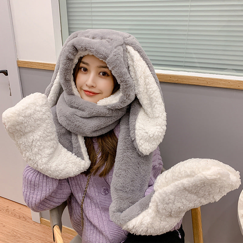 Women's Fashion Cute Rabbit Ears Plush Hat Scarf Gloves One Three Pieces Set