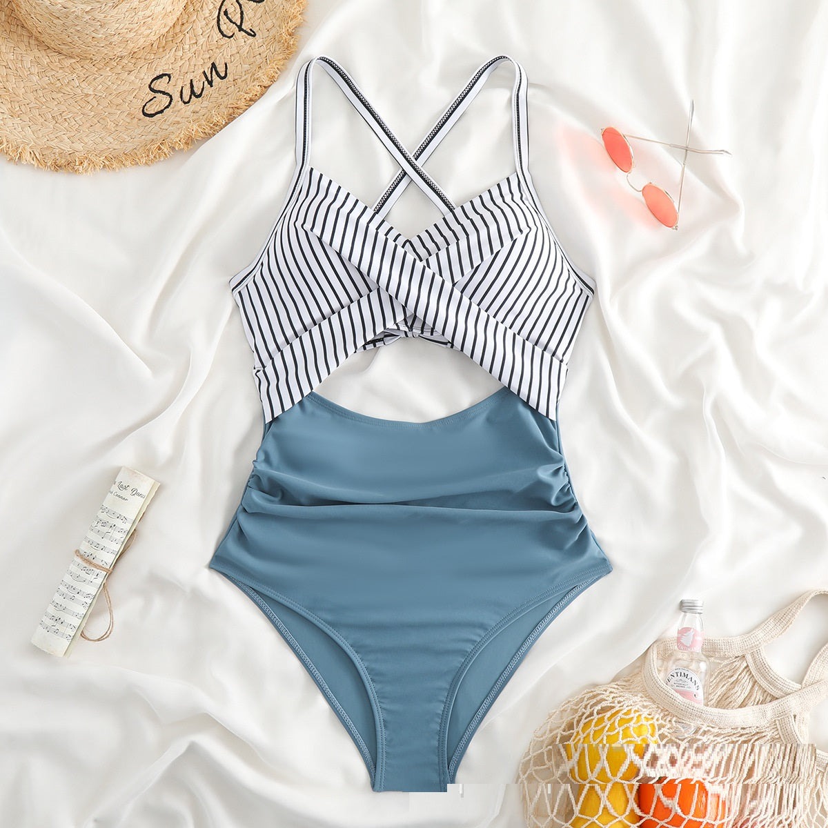 European And American New One Piece Swimsuit Color Matching Cross Strap