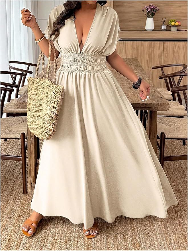 V-neck Short-sleeve Loose-fitting High-waisted Pleated Maxi Dress With A Slit