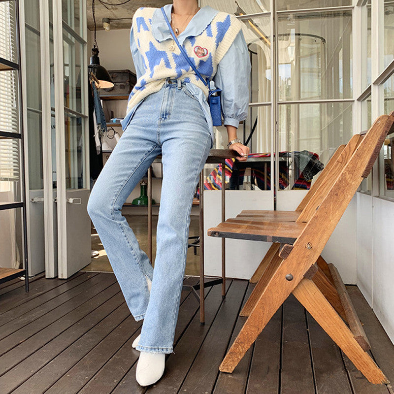 High waist side split slimming straight pants mopping floor jeans