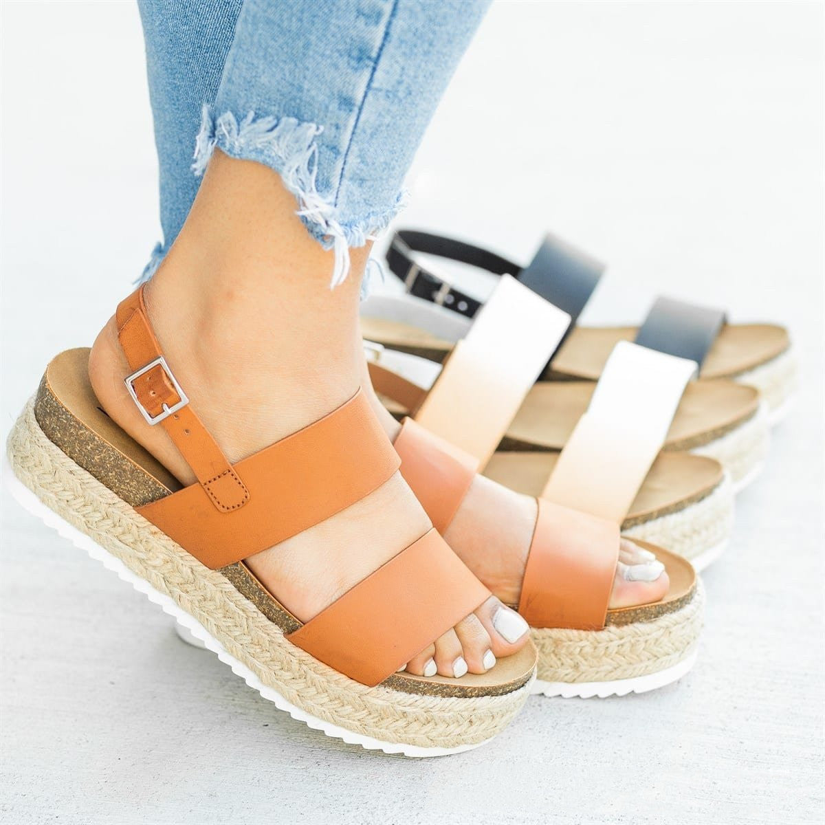 Open-toe flat hemp mid-heel rubber buckle sandals